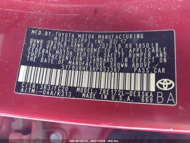 Toyota COROLLA SE 2017 5YFBURHEXHP653387 Image 9