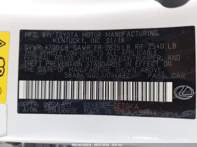 Lexus ES 350 2018 58ABK1GG0JU094892 Image 9