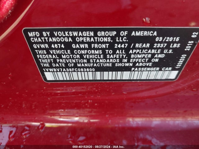 1VWBV7A38FC083600 Volkswagen Passat 2.0l Tdi Se