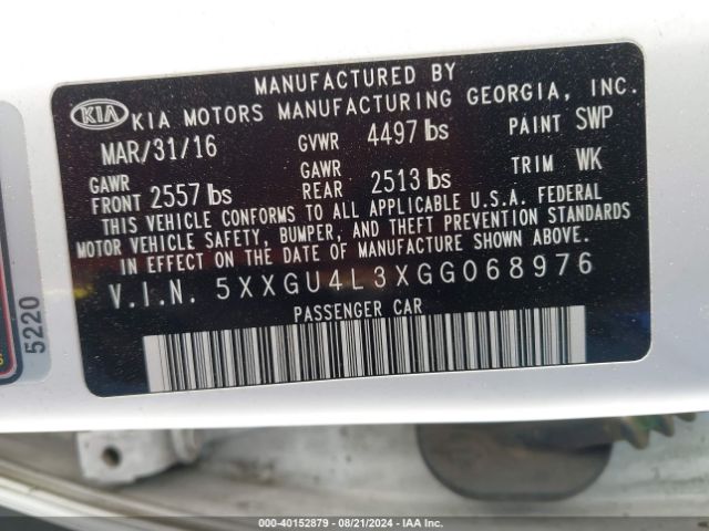 5XXGU4L3XGG068976 KIA OPTIMA EX