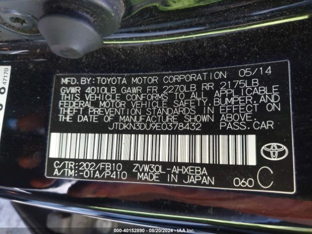 JTDKN3DU9E0378432 Toyota Prius Two