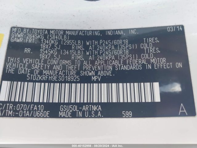 5TDZKRFH9ES018925 Toyota Highlander Le Plus V6