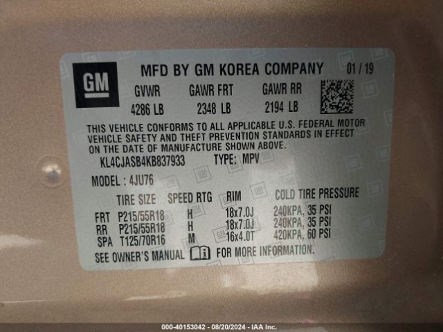 KL4CJASB4KB837933 Buick Encore Fwd Preferred