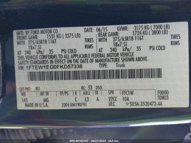 1FTEW1EG0FKD57336 Ford F-150 Xlt