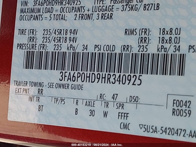 Ford FUSION SE 2017 3FA6P0HD9HR340925 Image 9
