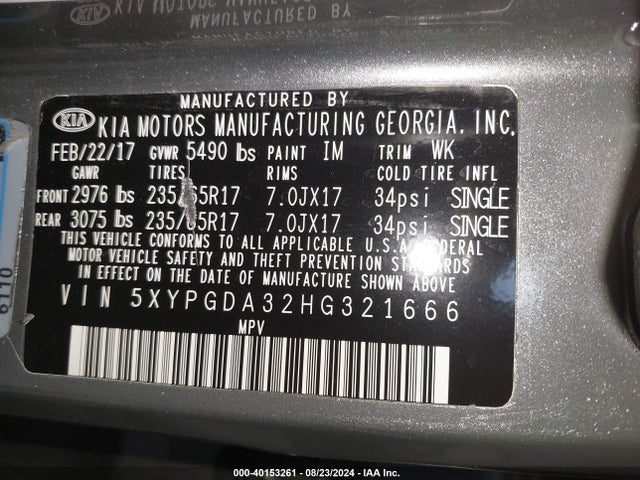 KIA Sorento 2.4l Lx 2017 5XYPGDA32HG321666 Image 9