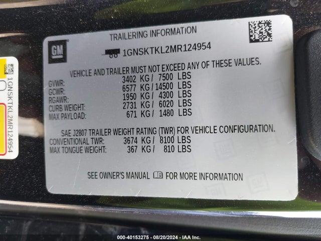 1GNSKTKL2MR124954 Chevrolet Tahoe 4wd High Country
