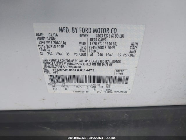 Ford EXPLORER XLT 2016 1FM5K8D8XGGC14473 Image 9