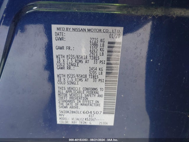 Nissan Pathfinder Sv 2wd 2020 5N1DR2BN3LC604507 Image 9