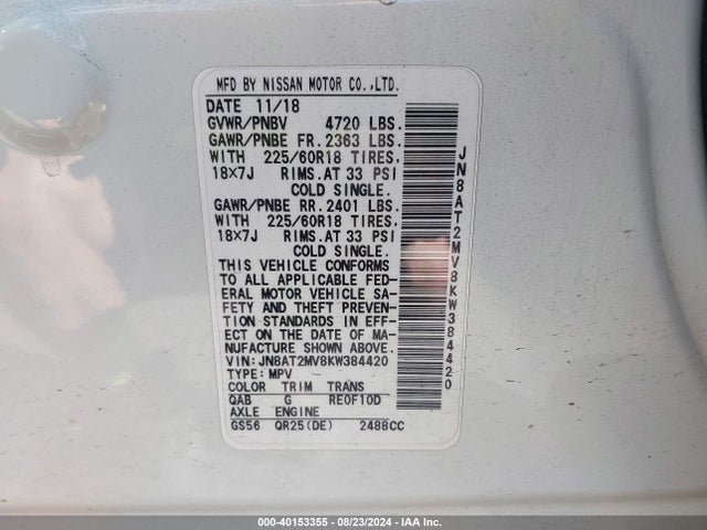 Nissan ROGUE SV 2019 JN8AT2MV8KW384420 Image 9