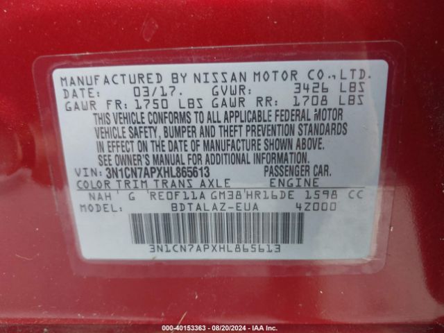 3N1CN7APXHL865613 Nissan Versa 1.6 S+