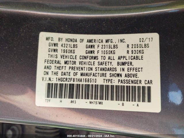 Honda Accord Ex-l 2017 1HGCR2F81HA168510 Image 9