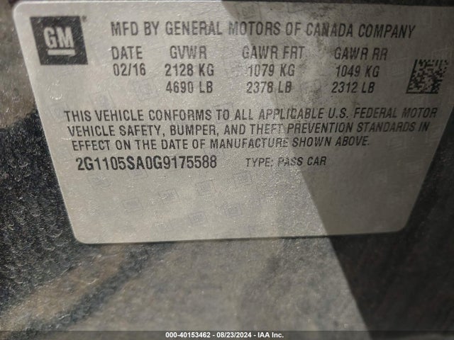 Chevrolet IMPALA 1LT 2016 2G1105SA0G9175588 Image 9