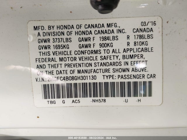 Honda Civic Lx-p 2016 2HGFC4B08GH301130 Image 9