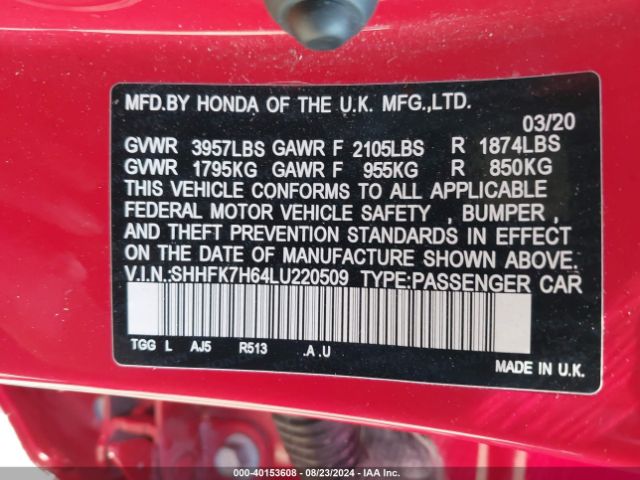 SHHFK7H64LU220509 Honda CIVIC EX
