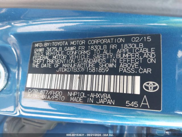JTDKDTB37F1581859 Toyota Prius C One