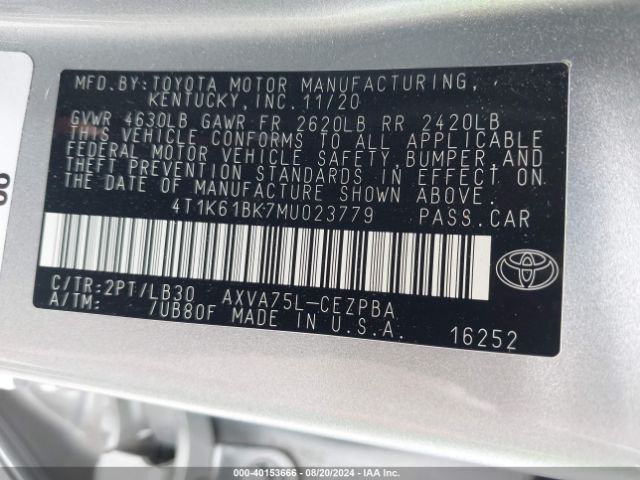 4T1K61BK7MU023779 Toyota Camry Xse Awd