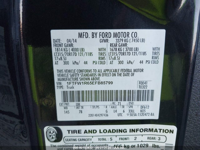 Ford F-150 Svt Raptor 2014 1FTFW1R65EFB85799 Image 9