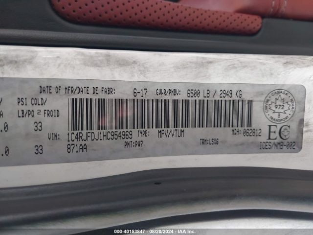 1C4RJFDJ1HC954969 Jeep Grand Cherokee Srt