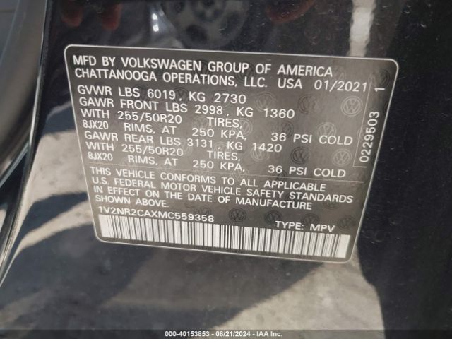 1V2NR2CAXMC559358 Volkswagen Atlas 3.6l V6 Se W/technology R-line