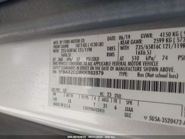 1FBAX2CG8KKB02579 Ford Transit-350 Xlt