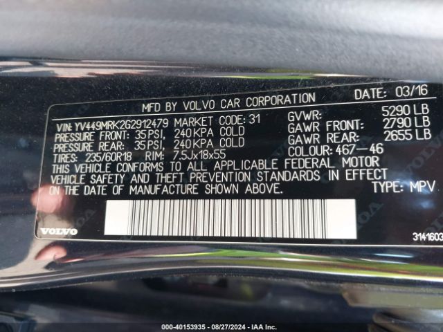 YV449MRK2G2912479 Volvo Xc60 T6 Drive-e