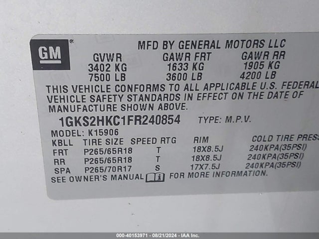 1GKS2HKC1FR240854 GMC Yukon Xl 1500 Slt