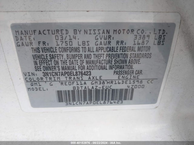 Nissan Versa 1.6 S+ 2014 3N1CN7AP0EL876423 Image 9