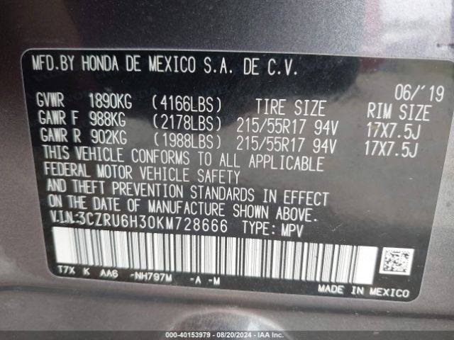 3CZRU6H30KM728666 Honda HR-V LX