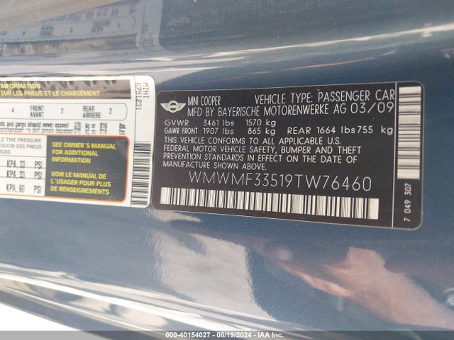 2009 MINI COOPER WMWMF33519TW76460 Photo 8