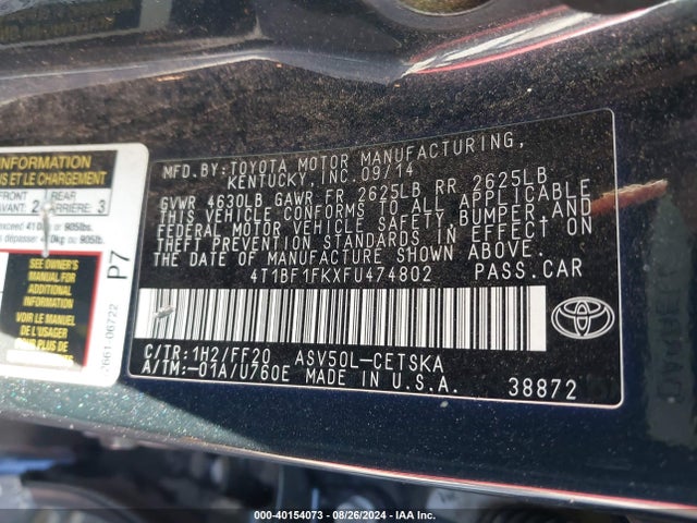 Toyota CAMRY SE 2015 4T1BF1FKXFU474802 Image 9