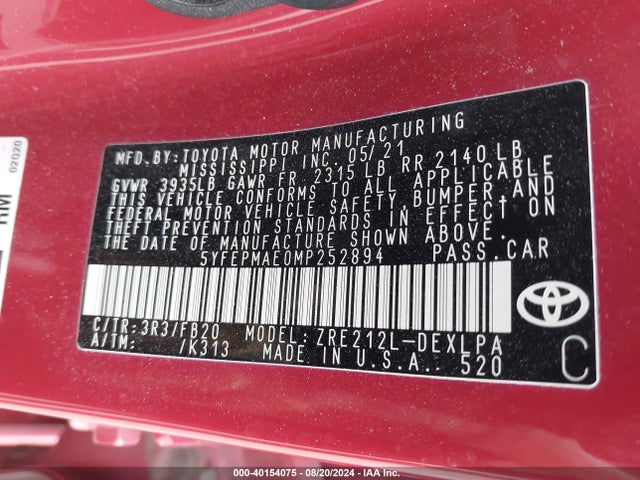 Toyota COROLLA LE 2021 5YFEPMAE0MP252894 Image 9