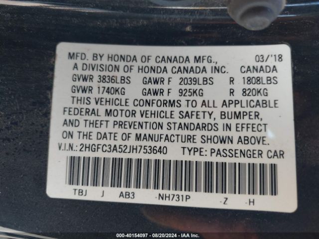 2HGFC3A52JH753640 Honda CIVIC SI