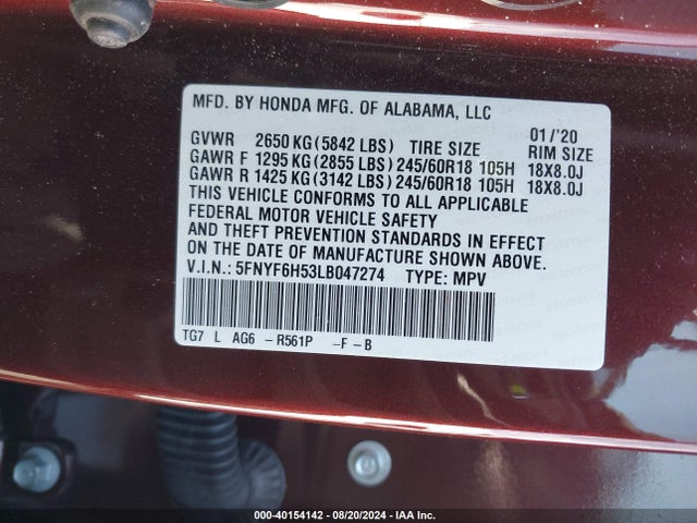 Honda Pilot Awd Ex-l 2020 5FNYF6H53LB047274 Image 9