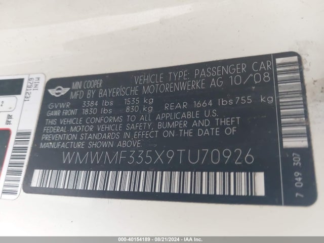 2009 MINI COOPER WMWMF335X9TU70926 Photo 8