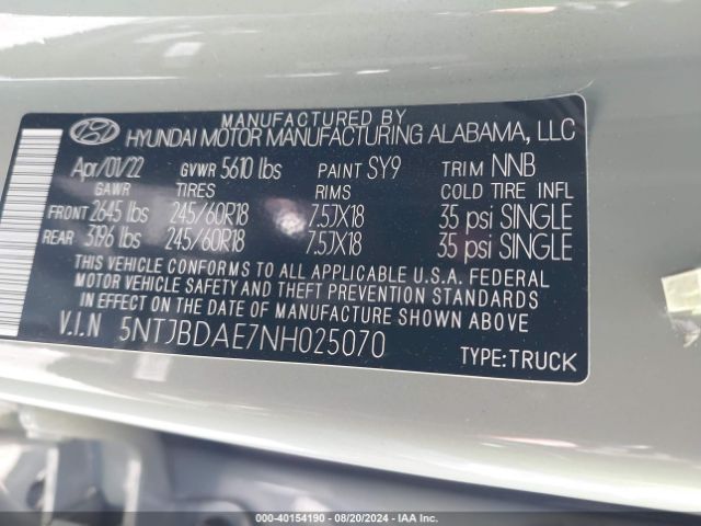 5NTJBDAE7NH025070 Hyundai Santa Cruz Sel