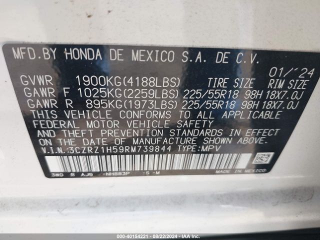 3CZRZ1H59RM739844 Honda Hr-v 2wd Sport/2wd Sport W/o Bsi