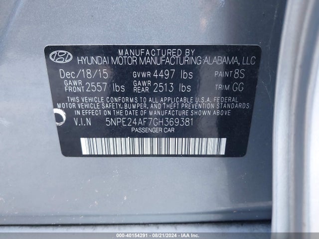 Hyundai SONATA SE 2016 5NPE24AF7GH369381 Image 9