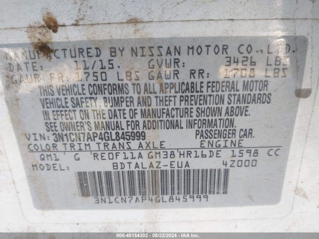 Nissan Versa 1.6 S+ 2016 3N1CN7AP4GL845999 Image 9