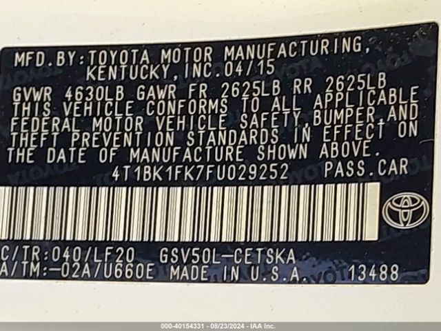 4T1BK1FK7FU029252 Toyota Camry Xse V6