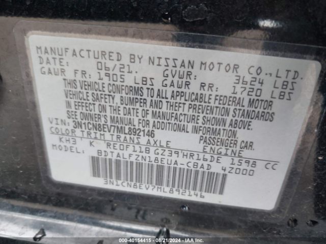 3N1CN8EV7ML892146 Nissan Versa Sv Xtronic Cvt