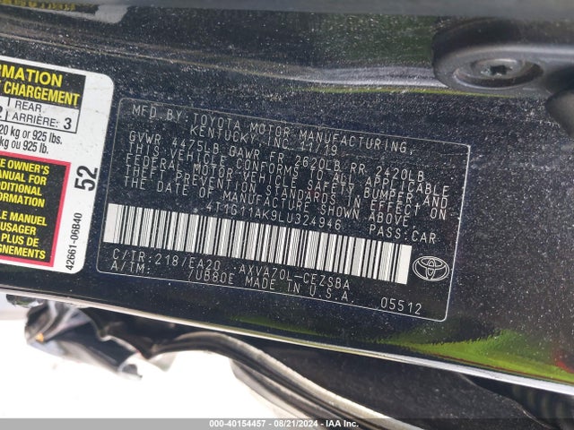Toyota CAMRY SE 2020 4T1G11AK9LU324946 Image 9