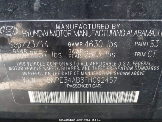 5NPE34AB8FH092457 Hyundai Sonata Sport 2.0t
