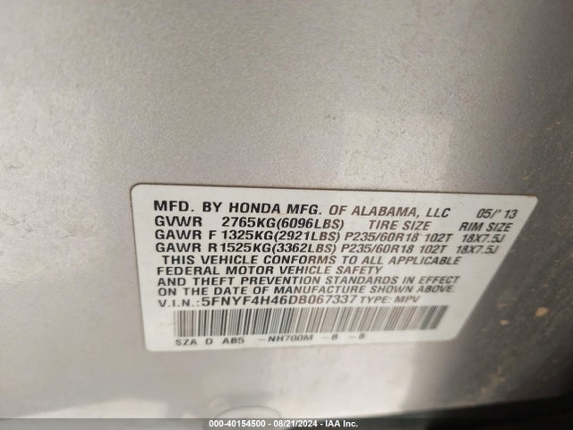 Продажа на аукционе авто 2013 Honda Pilot Ex, vin: 5FNYF4H46DB067337, номер лота: 40154500