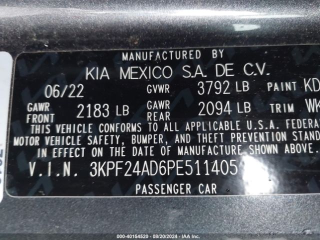 3KPF24AD6PE511405 KIA Forte Lxs