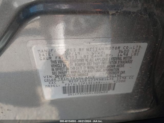 3N1CP5CU1KL500603 Nissan KICKS SV