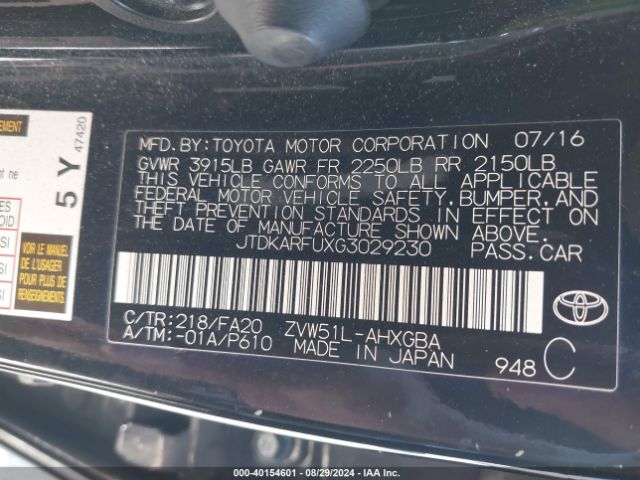 JTDKARFUXG3029230 Toyota Prius Three