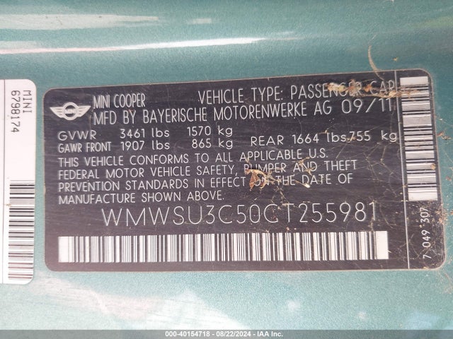 2012 MINI COOPER WMWSU3C50CT255981 Photo 8