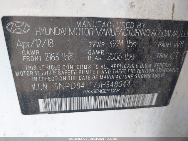 Hyundai ELANTRA SEL 2018 5NPD84LF7JH348044 Image 9