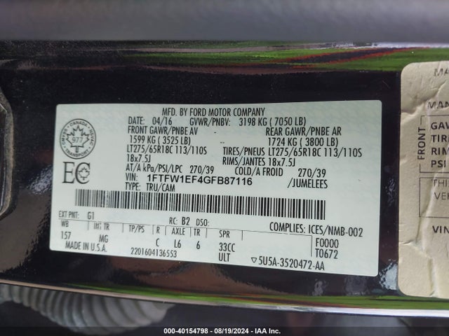 Ford F-150 Xlt 2016 1FTFW1EF4GFB87116 Image 9